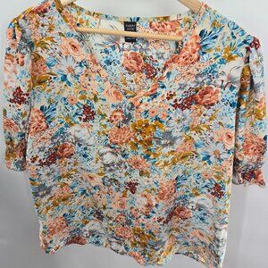 Emery Rose Blue Floral V-Neck Elastic Sleeve Size XXL